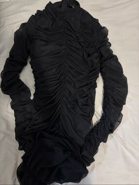 Fashion Nova Black Ruched Mesh Long Sleeve Dress